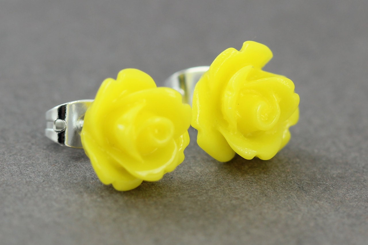 Flower Stud Earrings : Yellow Flower Stud Earrings, Sterling Silver Plated Earring Posts, Fun, Summer, Bohemian, Spring
