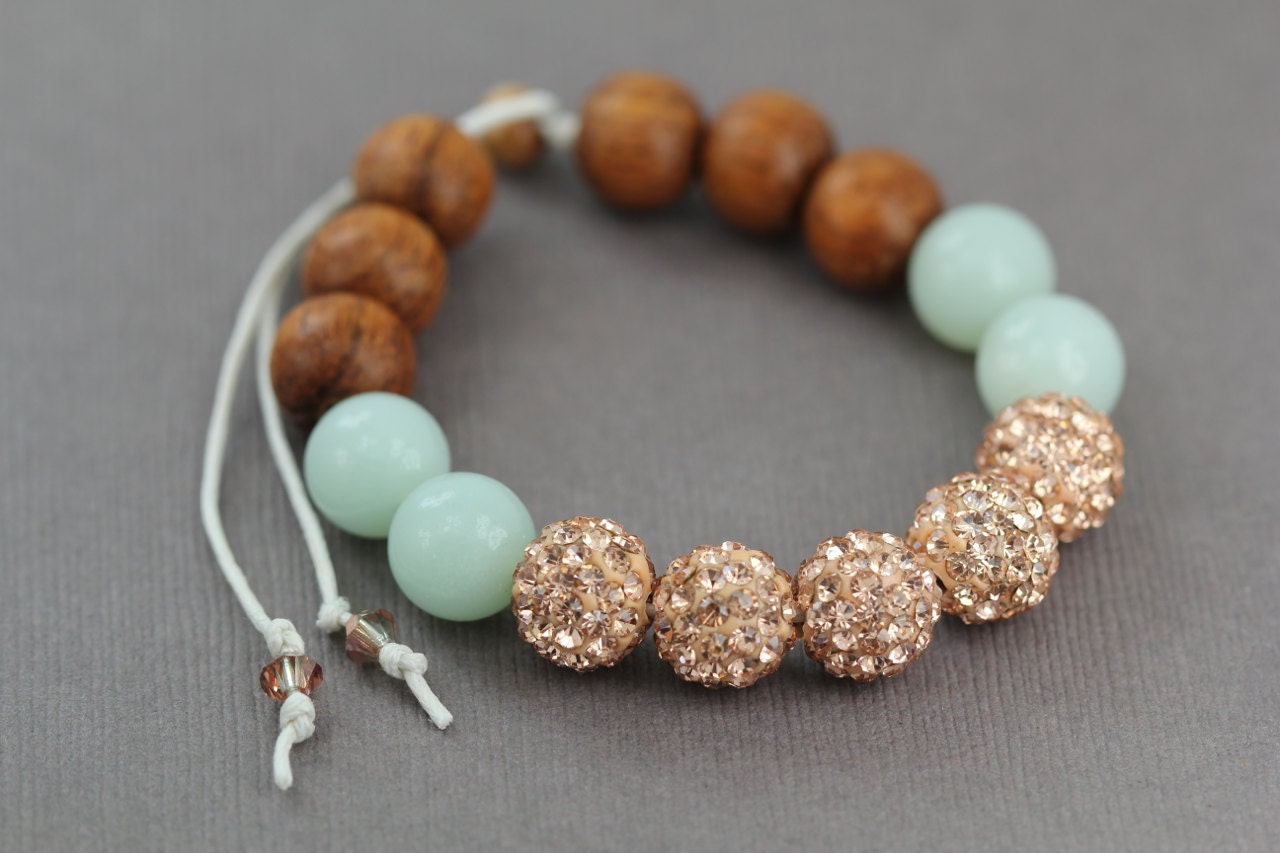 Rose Gold Beaded Pave Bracelet : Adjustable Bracelet with Champagne Shambala Beads, Amazonite Beads, Rosewood Wood Beads, White Cotton