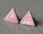 Triangle Earrings : Pink Polymer Clay Stud Earrings with Iridescent Sparkle, Antique Bronze, Sparkle, Duo-Chrome, Snow Angel, Girly