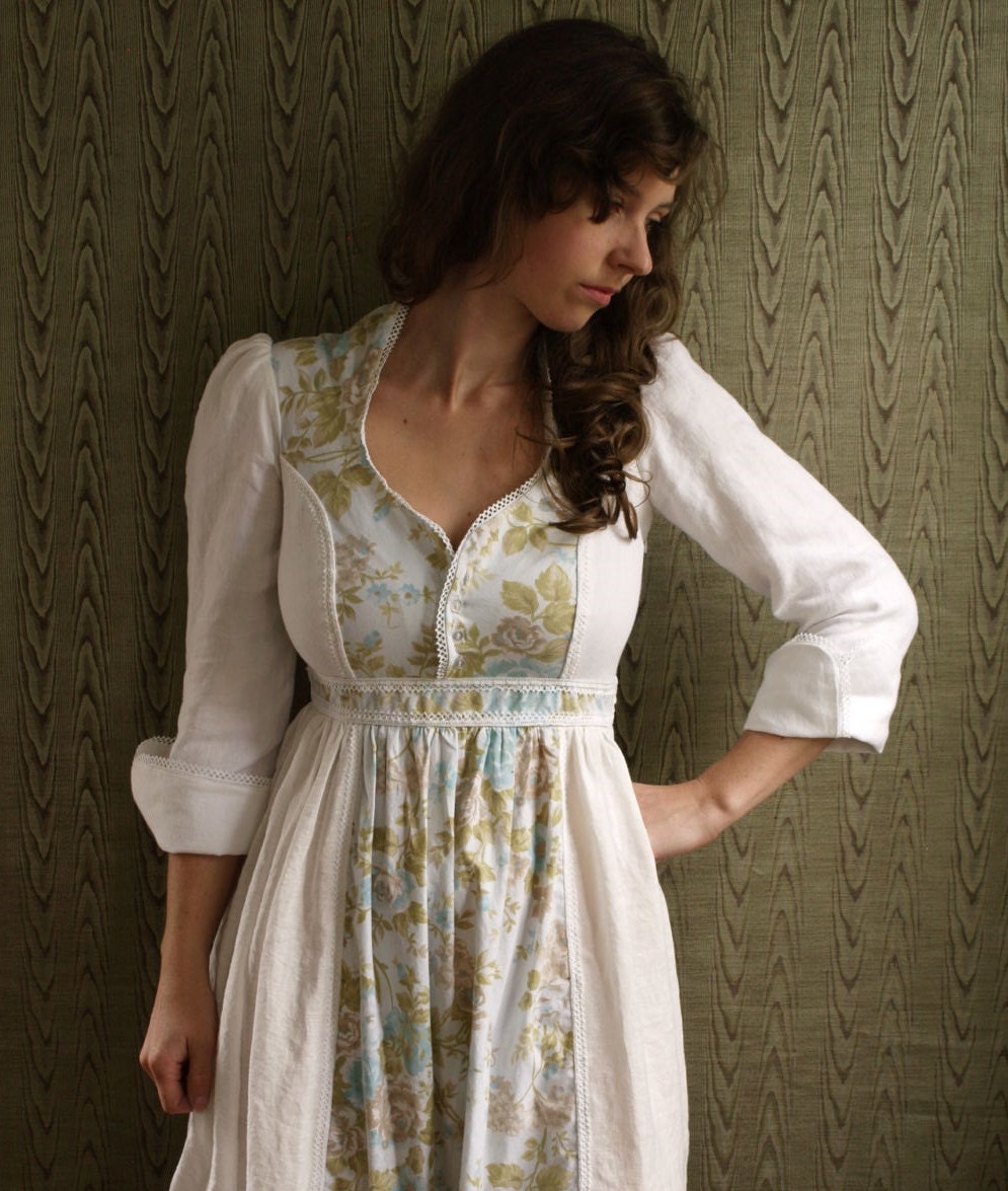 Linen cotton floral maxi dress with lace detailing- custom made to measure
