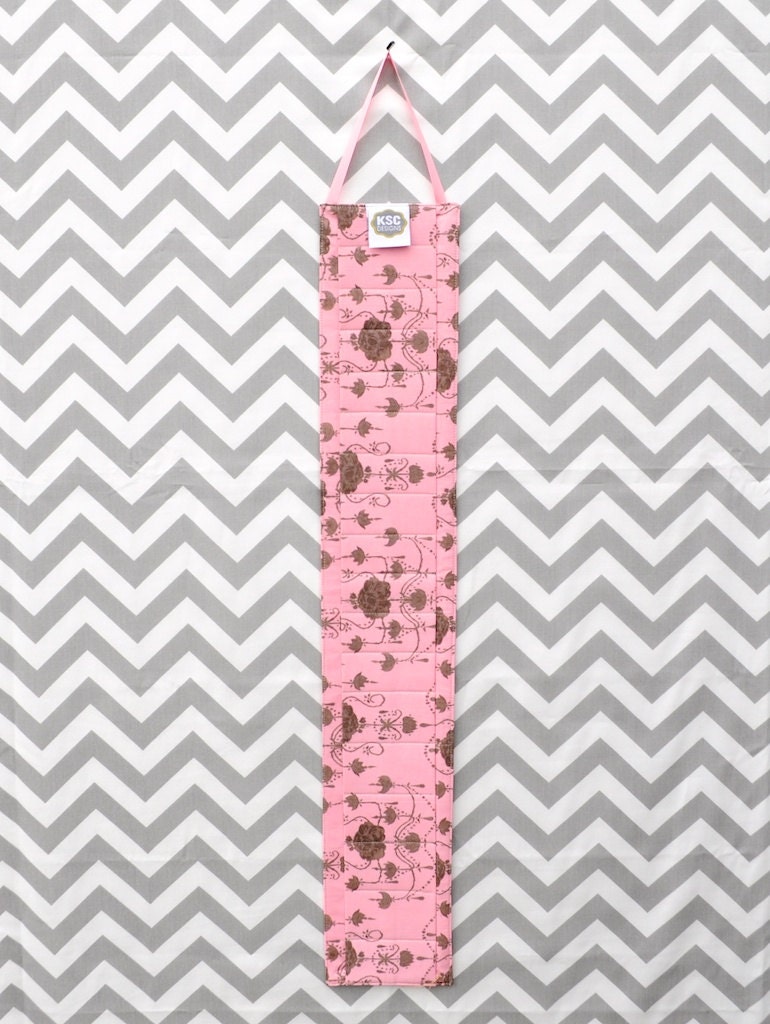 Knitting Needle Hanger or Paintbrush Hanger - Brown and Pink Print Fabric