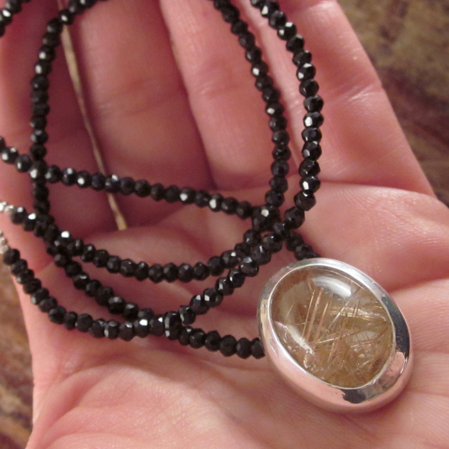 Rutilated Quartz Necklace with Faceted Black Spinel Beads