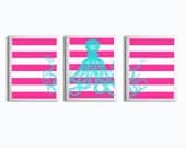Octopus Ocean Beach Nautical Hot Pink Bright Turquoise Stripes Set of 3 art prints each size 11x14
