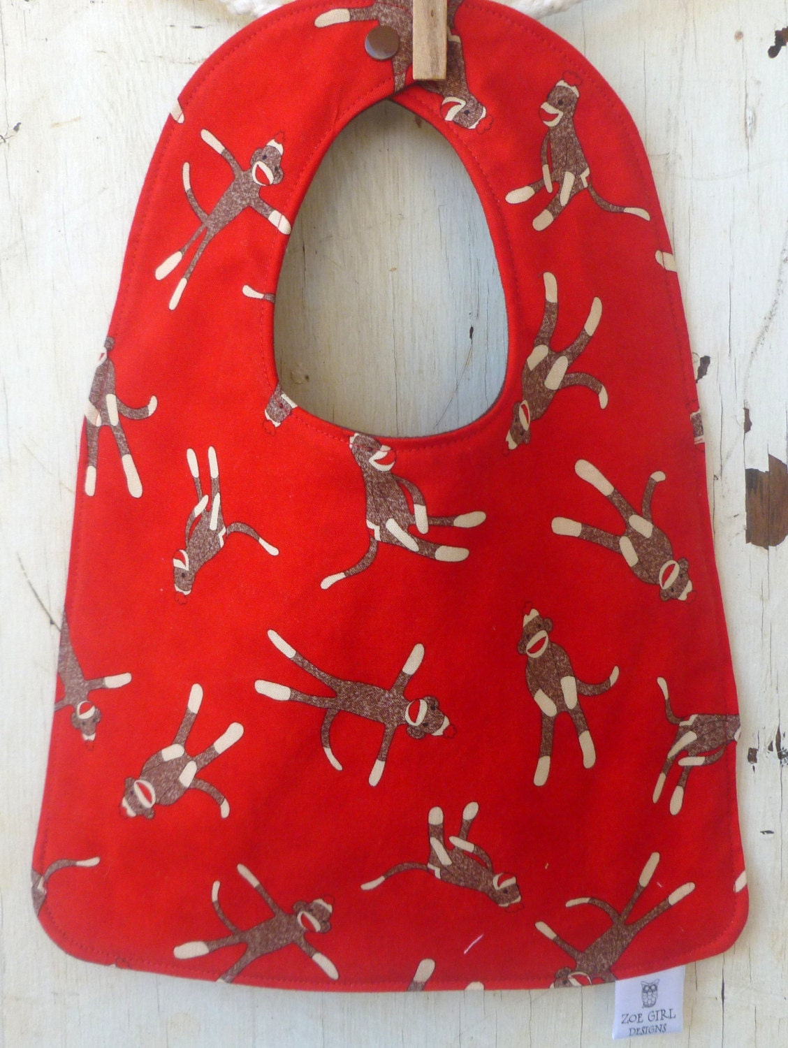Baby Bib - Gender Neutral - Eco Organic - Eco Friendly Baby Bib - Toddler Bib - Sock Monkeys in Red and Brown