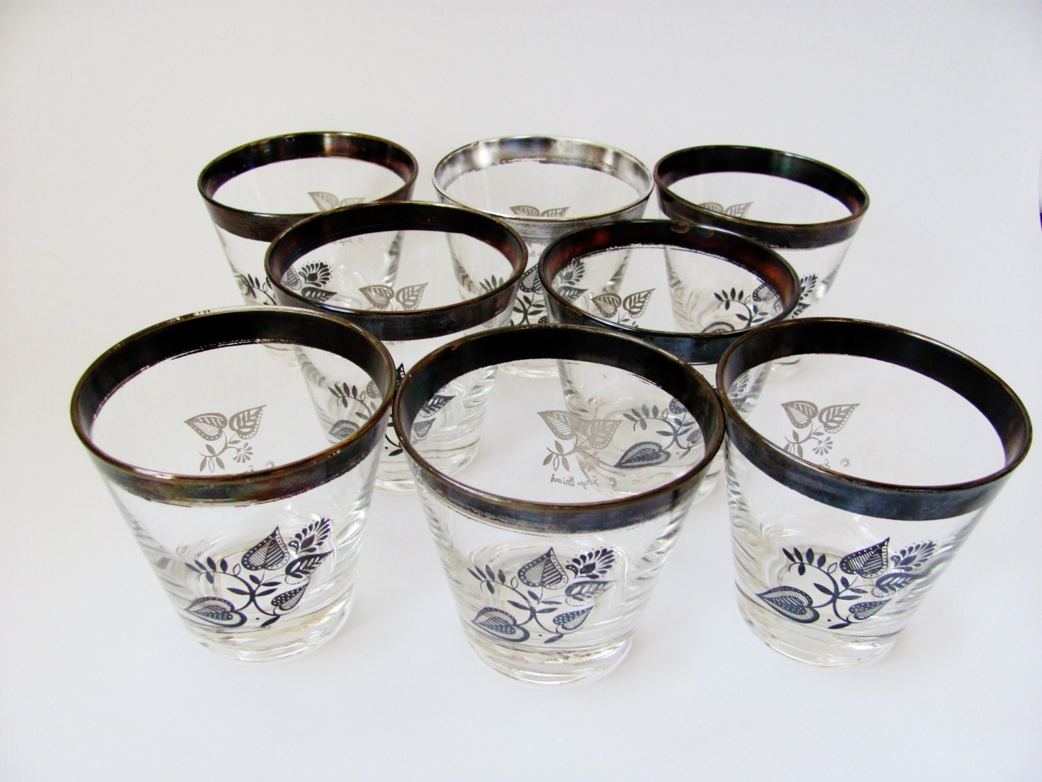 Georges Briard Cocktail Glasses Lo Ball Silver Damask Mid Century Set of Eight