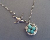 Personalized Mothers Day Necklace, Silver Bird Nest Necklace, Silver Lariat Branch Necklace, Turquoise Necklace