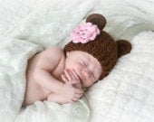 Crochet Baby Bear Beanie Hat with Flower Newborn Chocolate - MADE TO ORDER