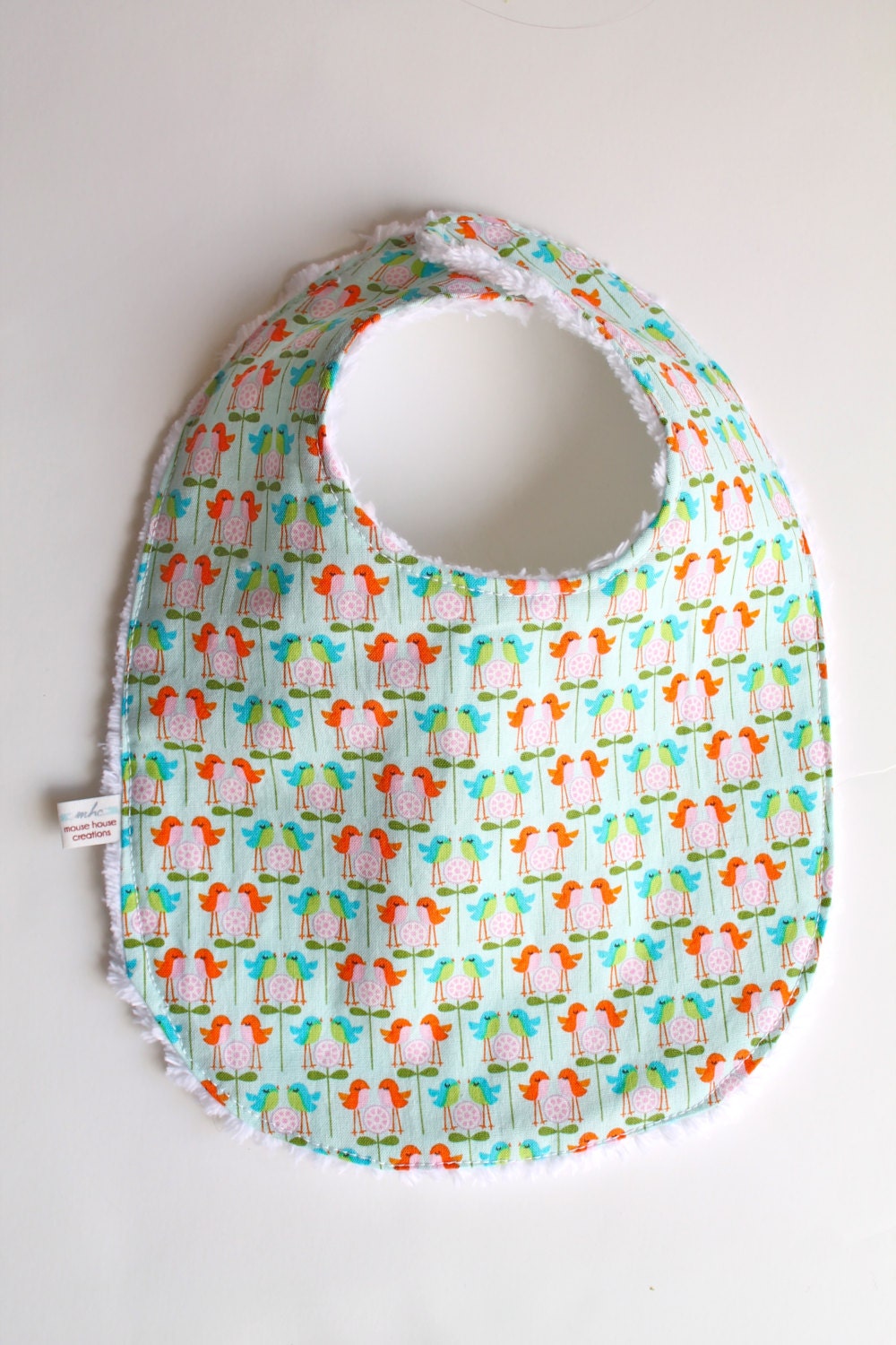 Baby Girl Bib with Happy Birds in Aqua   Ready to Ship