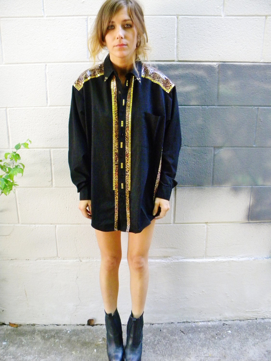 LEOPARD trim gold STUD black tomboy gothic oxford. rockabilly button down blouse. urban cowboy top.