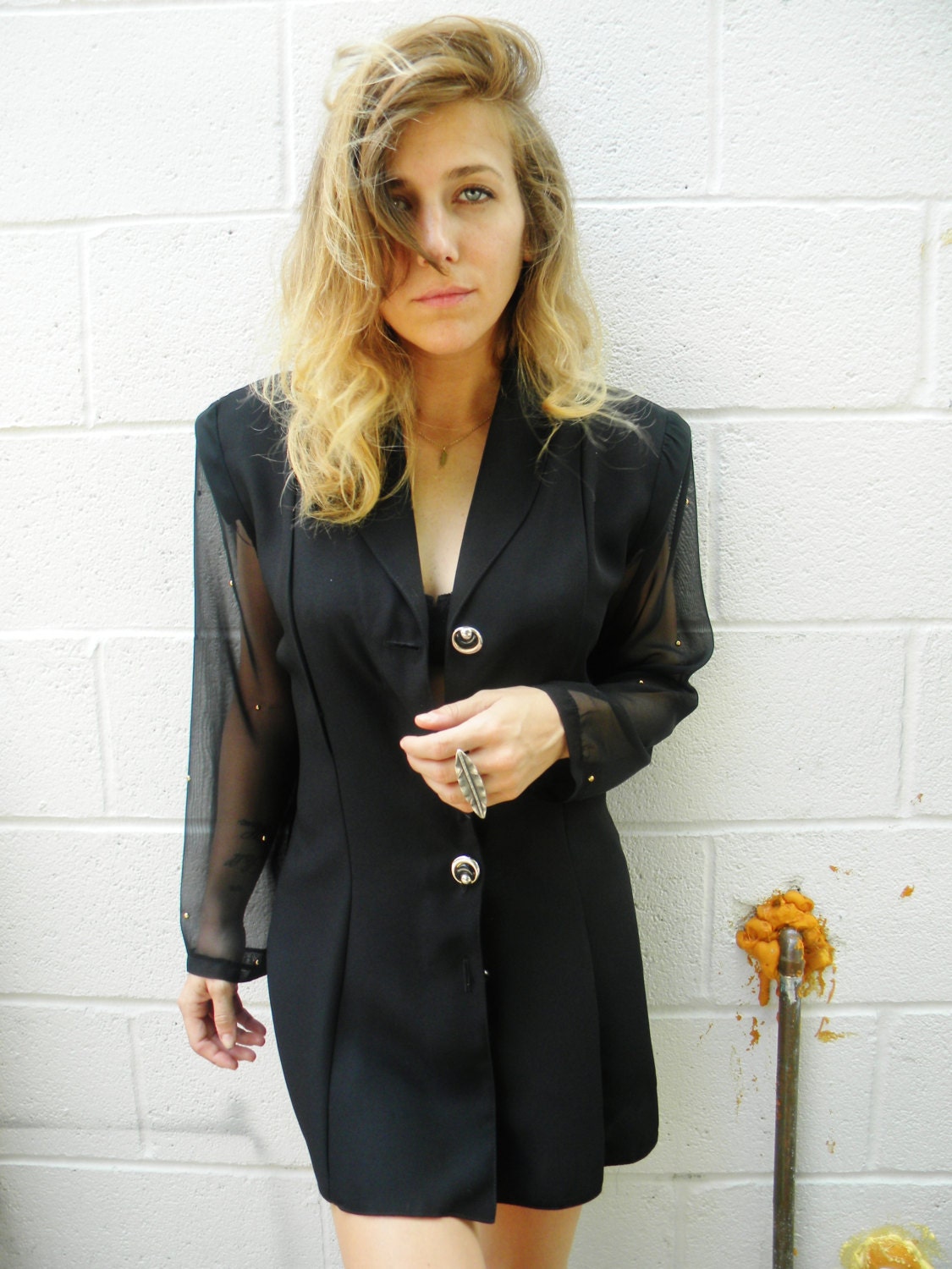 SHEER sleeve black blazer // tunic top. GOLD studs. split hem tie back BOLD 90s top.strong shoulders.