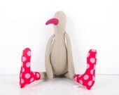 Baby bird  - Light beige small  duck or penguin with Burgundy beak Wearing Red with Pink Polka Dots socks  - timohandmade fabric doll