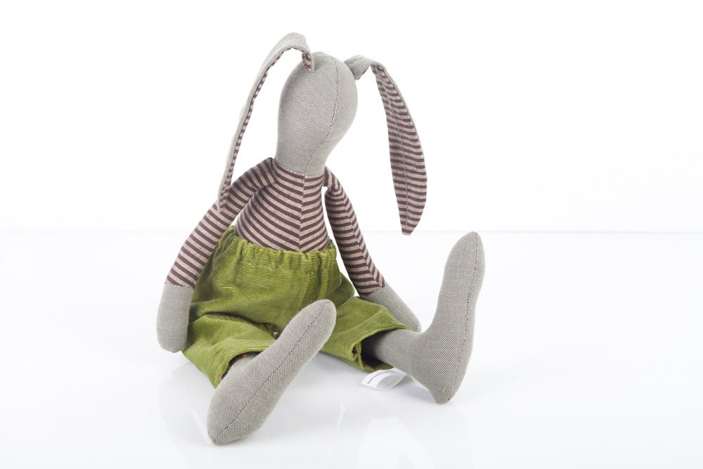 Plush Dark rabbit doll in brown stripes Shirt Wearing olive green corduroy trousers ,Stuffed eco bunny rabbit, hare-  handmade fabric doll