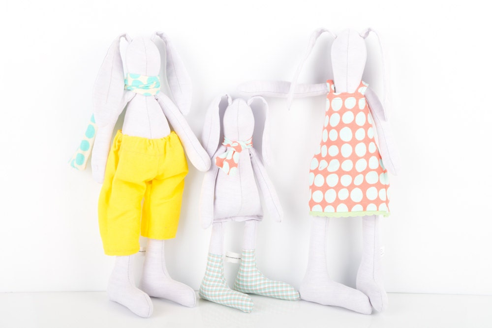 SPRING Easter bunny -Rabbits Family in Pastel shades,mother father and child ,he in Aqua Yellow she in Dots Peach Mint , child With socks