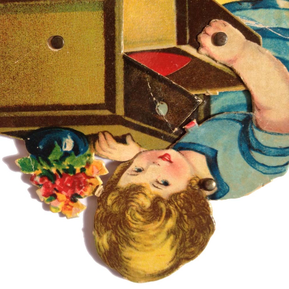 Vintage Valentine Card circa 1920s, Figure Pivots To Open Drawer, Made In Germany