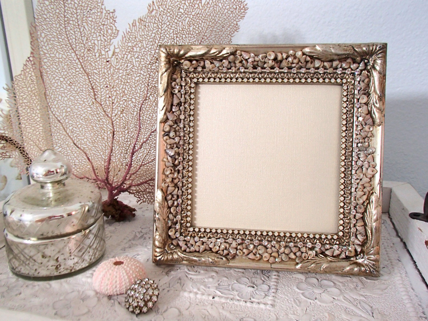 Sea Shell Picture Frame 5X5 - Beach Decor, Beach Wedding, Embellished Silver Picture Frame