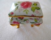 Tiny Pedestal Trinket Box,  Porcelain with Gold Details and a Pink Floral Pattern