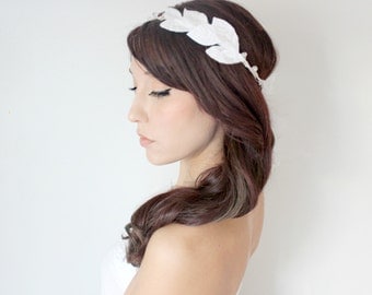 Grecian Wedding Tiara, Flower Crown, White whimsical fairy wedding, bridal accessories, wedding hair