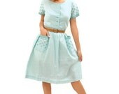Vintage Dress 50s Aqua and White Gingham with Embroidery Deadstock Mid Century Day Dress Small Medium