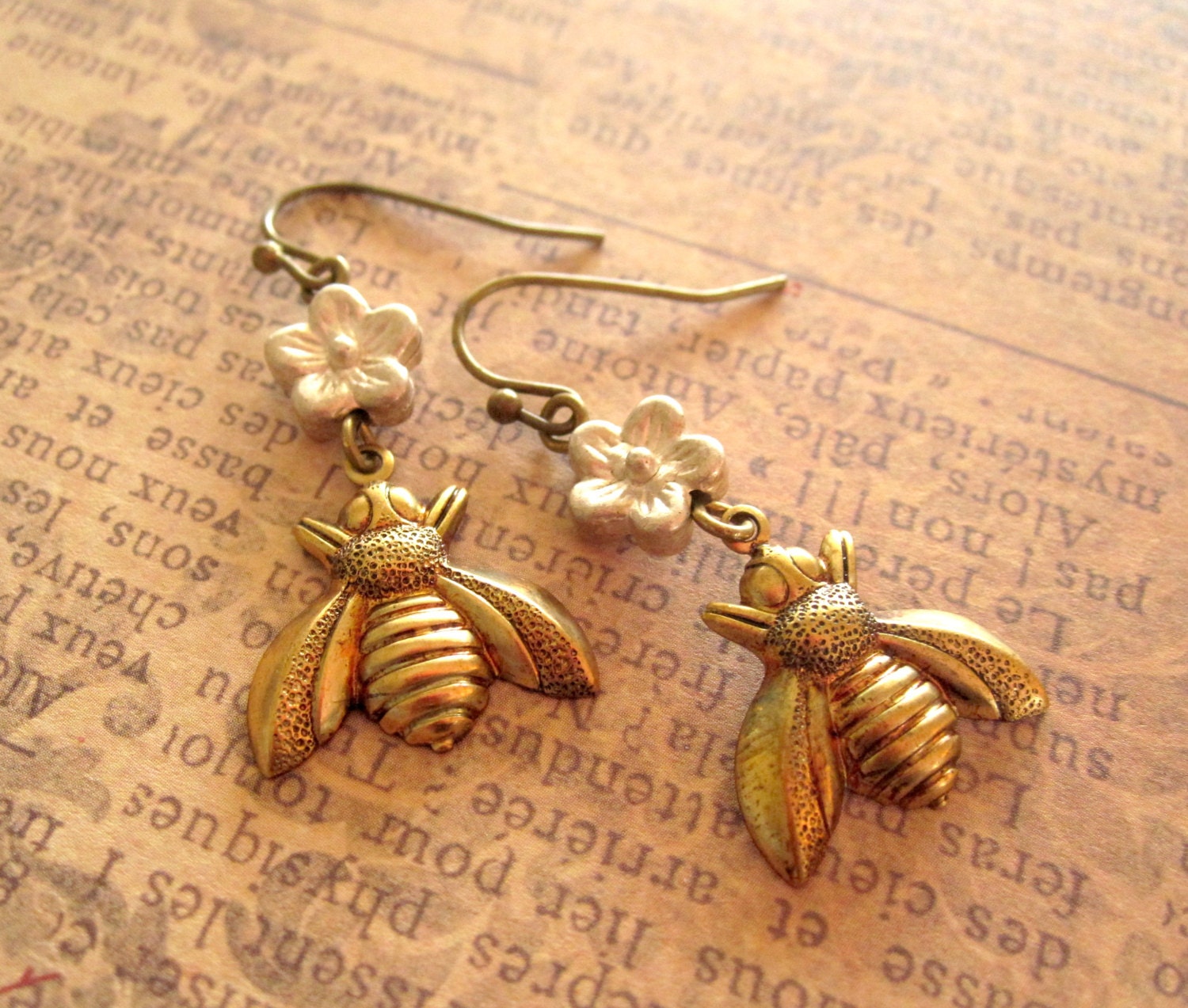 Bee Earrings - Flowers - Brass Dangle Earrings
