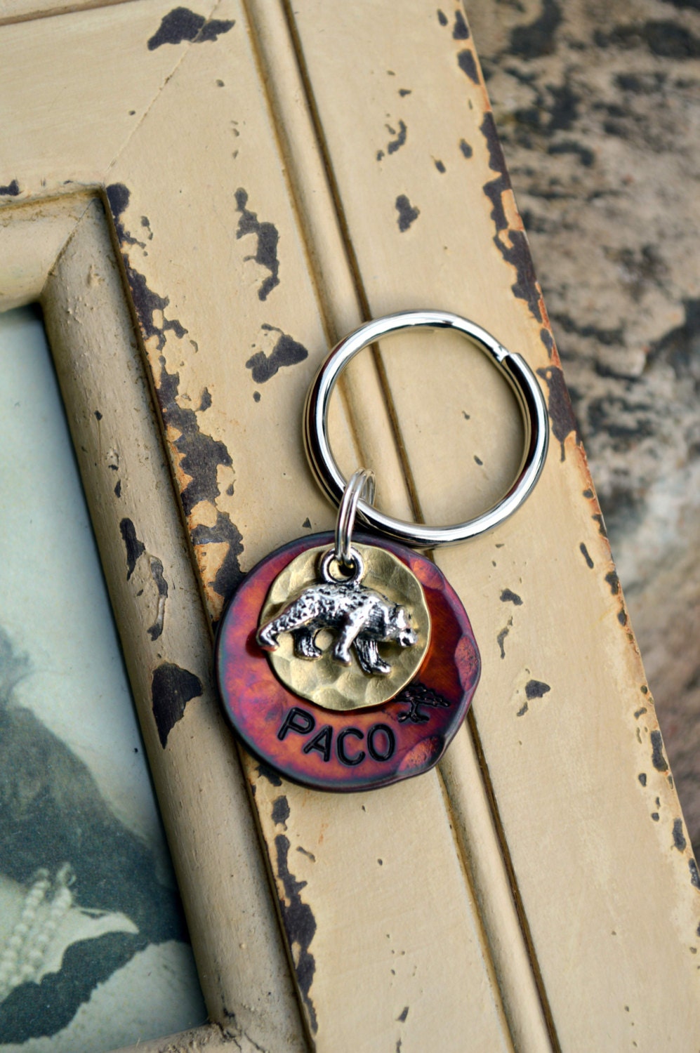 Dog ID Tag Cat   -Sunset Wilderness- BEAR, Tree, beautiful patinas