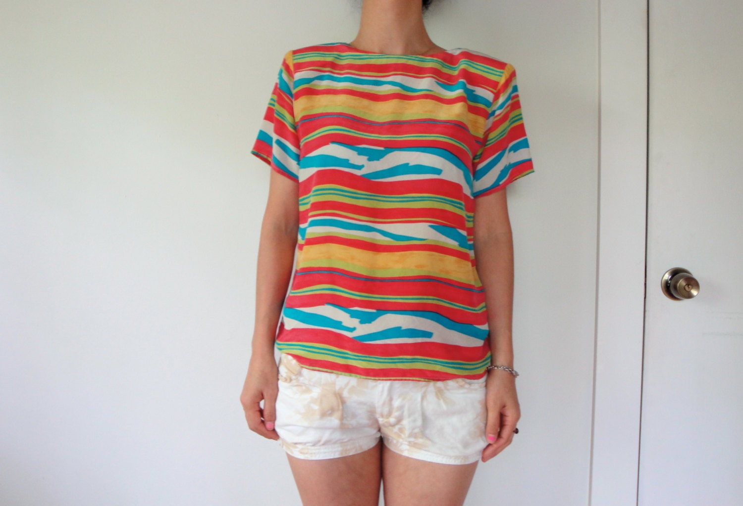 vintage women 80s silk red pink orange coral blue lime neon yellow stripes printed boxy blouse (extra small - small)