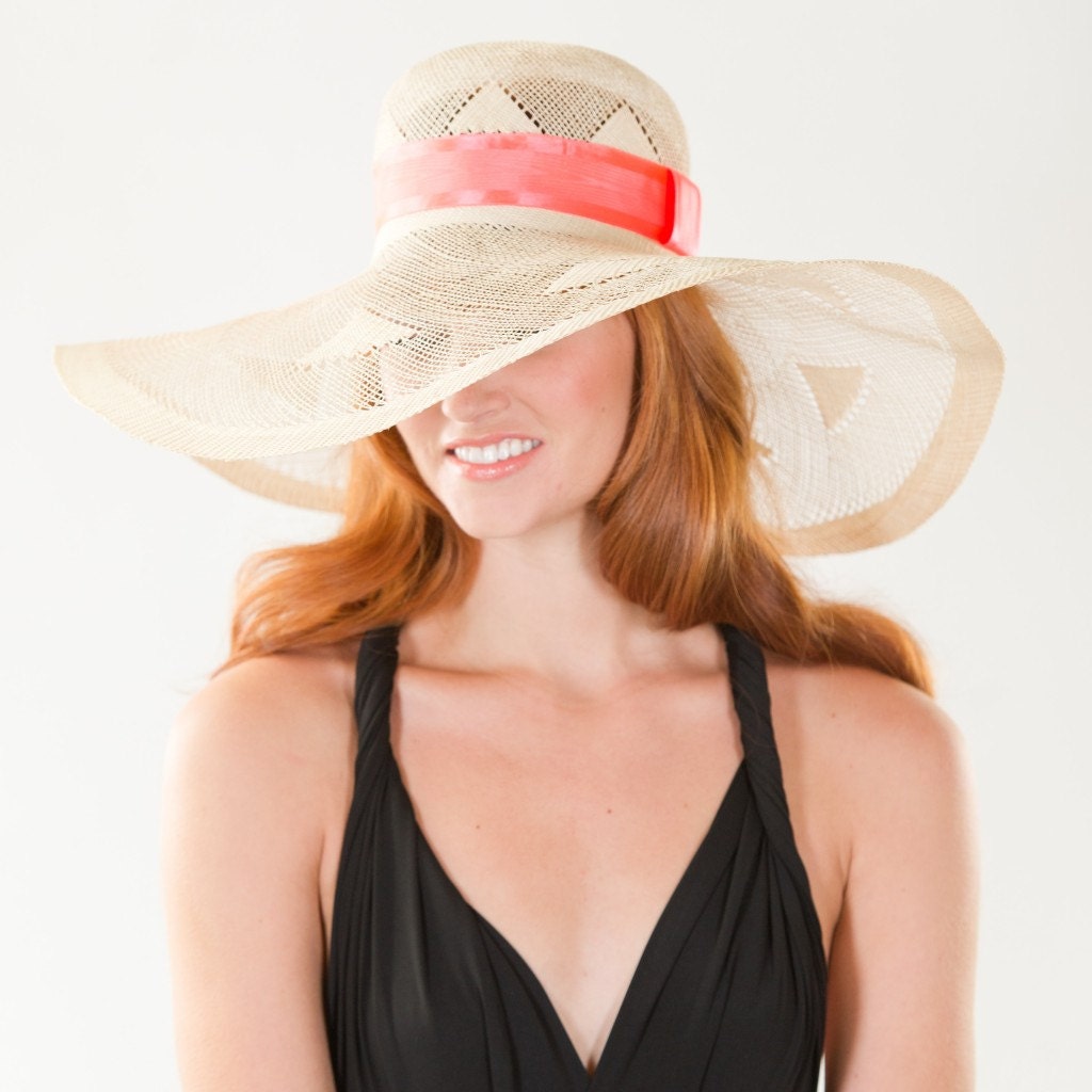 Spring Summer Triangle Floppy Hat with Neon Coral Satin Hat Band