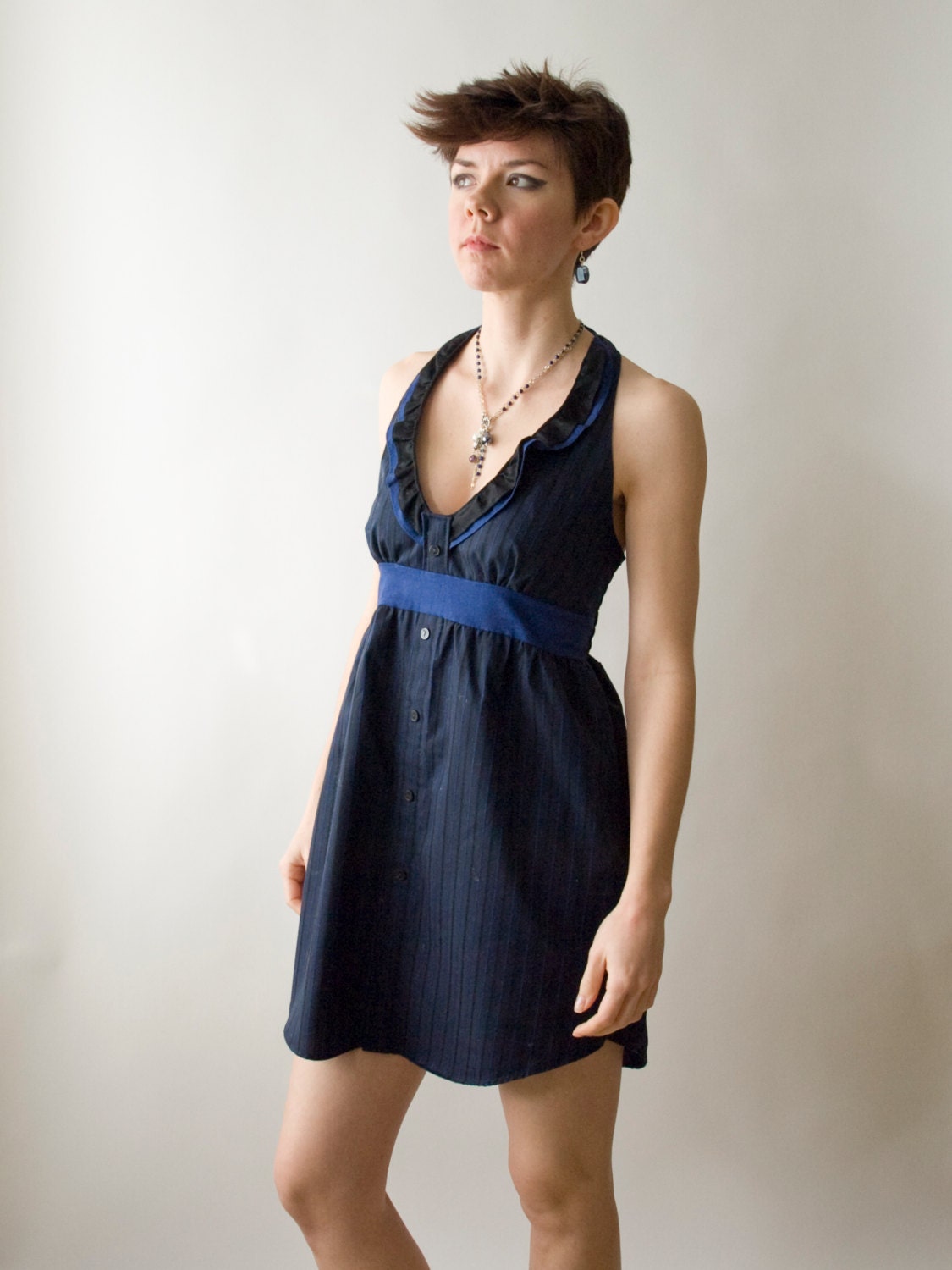 blue and black halter OOAK sundress with matching ruffle and accents made from upcycled men's dress shirt
