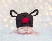 Reindeer Beanie in Chocolate Brown, Tan and Red Available in Newborn to 5 Years Size- MADE TO ORDER