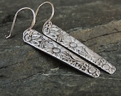 Silver Flower Pattern Earrings,  Sunflowers, Dahlias, Tapered Rectangular Shaped Dangle Earrings,