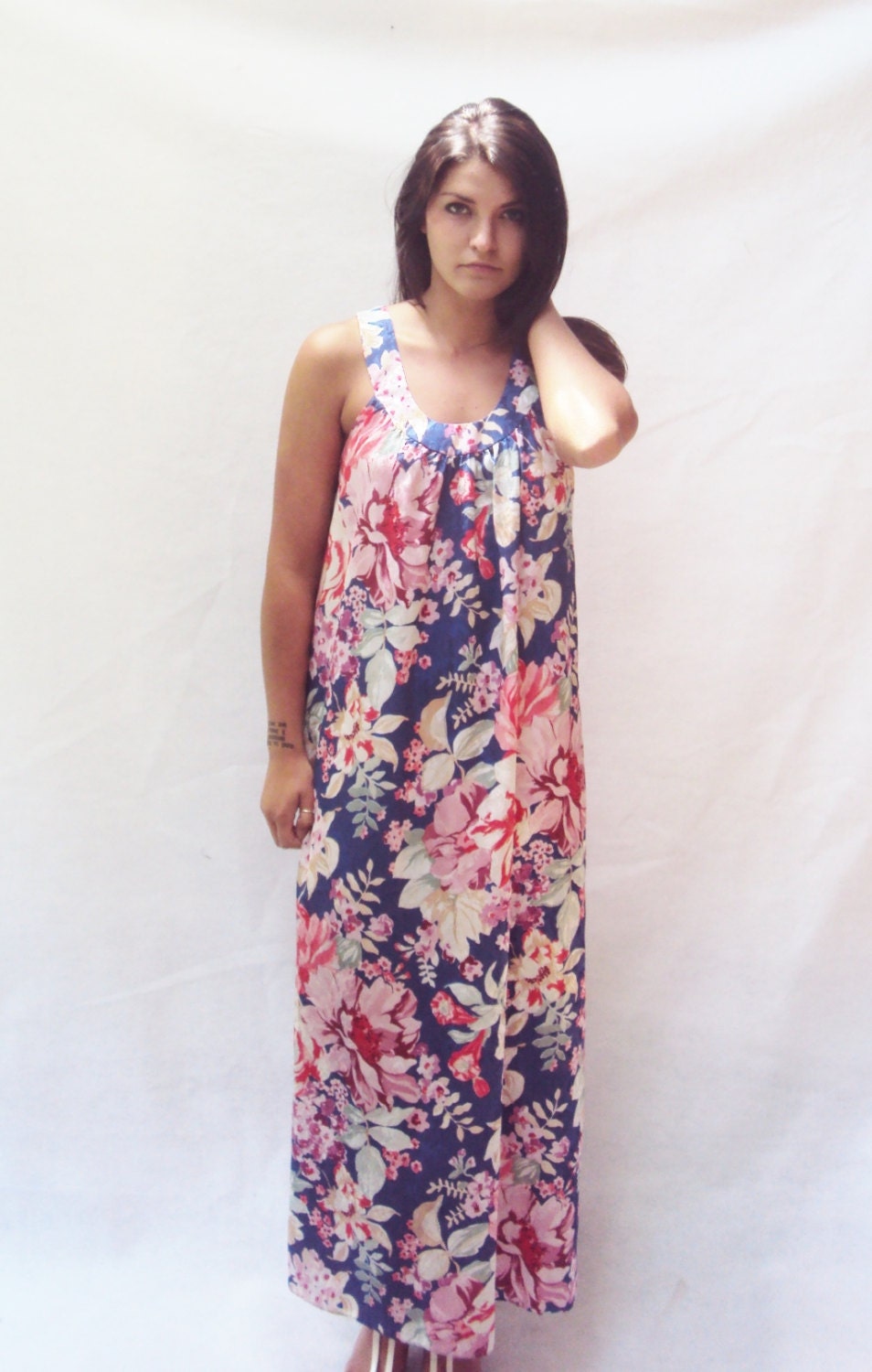 Vintage FLORAL print Maxi Dress Sm Med / Designer Dress / Gown Lounging Dress / Sleeveless Tank Lingerie Dress Sm Med