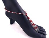 Red Barefoot Sandals Beach Jewelry Beaded Anklet Toe Ring Ankle Bracelet - Made to Order