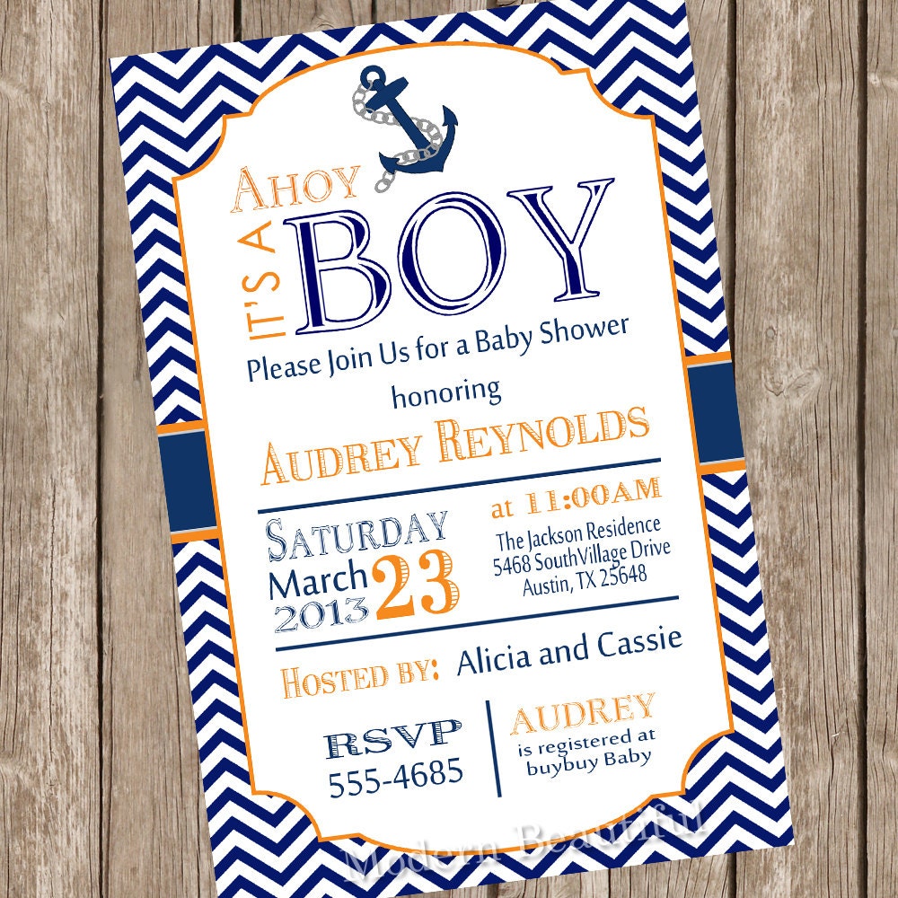 Chevron Ahoy it's a boy baby shower invitation, orange, navy, anchor, nautical, digital file Il_170x135