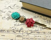 Flower Bobby Pins, Romantic Hair Accessories, Red Turquoise and Beige Hair Pin Set by Flower Couture