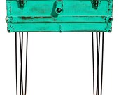 Repurposed Wood & Metal Green Trunk Storage Suitcase with Hairpin Iron Metal Wire Legs Table of Recycled Found Industrial Objects