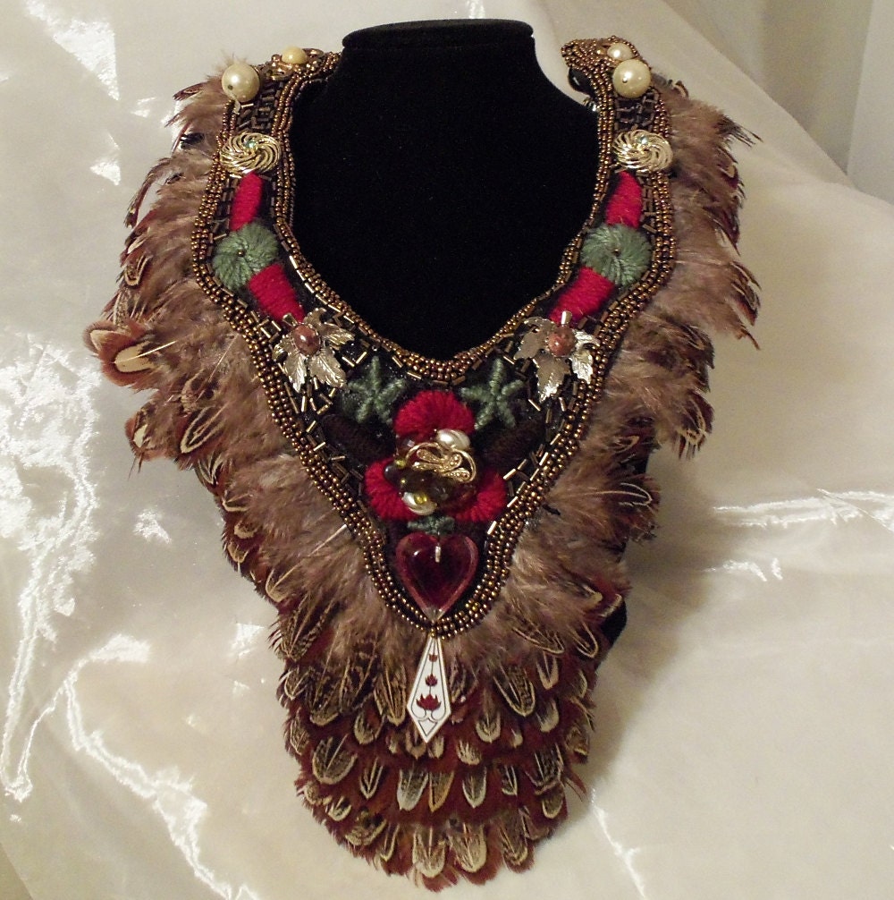 Feather Necklace, Collier plume, Wood Nymph Statement Neck Piece, Haute Couture Jewelry by Marelle