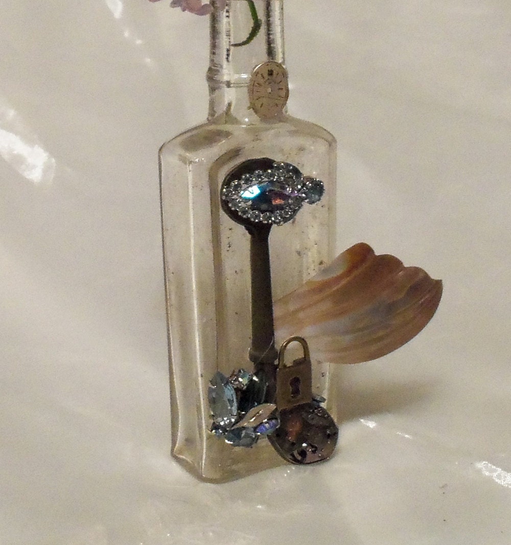 Proposal Bottle, Message in a Bottle, Prom Posal Steampunk Bottle, Vintage jewelry adorned vintage bottle.