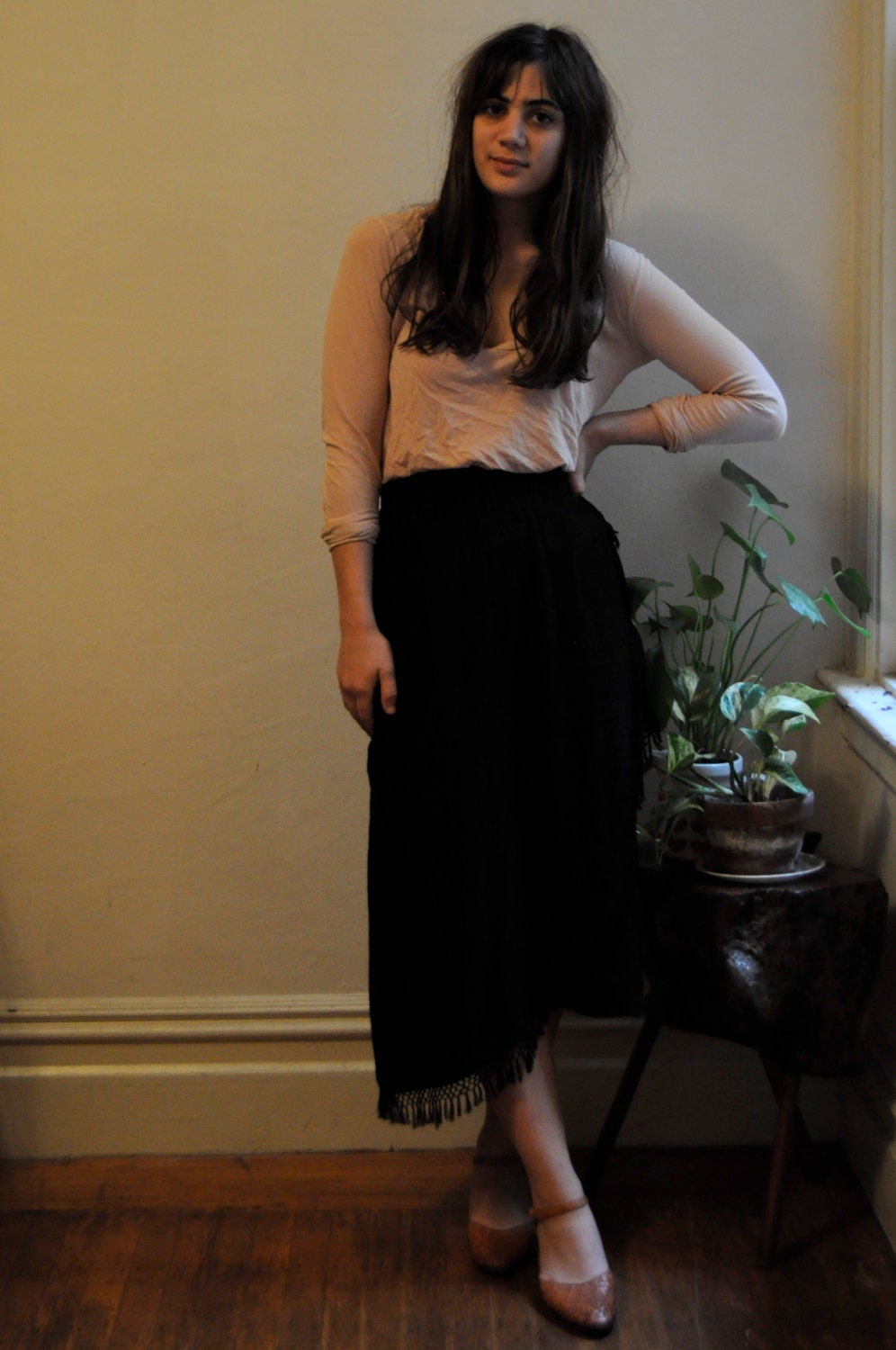 Moroccan Black Asymmetrical Skirt with Fringe