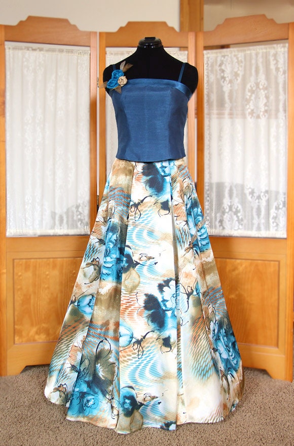 Floral satin maxi skirt. Elegant gold and teal with handmade embellishments.