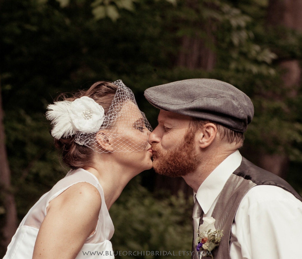 White Bridal Fascinator & Birdcage Veil Bridal Wedding Head Piece Hair Piece