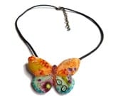 Butterfly necklace - multicolored polymer clay pendant - Turquoise blue orange yellow purple green BUTTERFLY pendant, with flowers