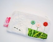 flowers and ants zipper pouch - button details - grass - spring - butterfly - whimsical pouch