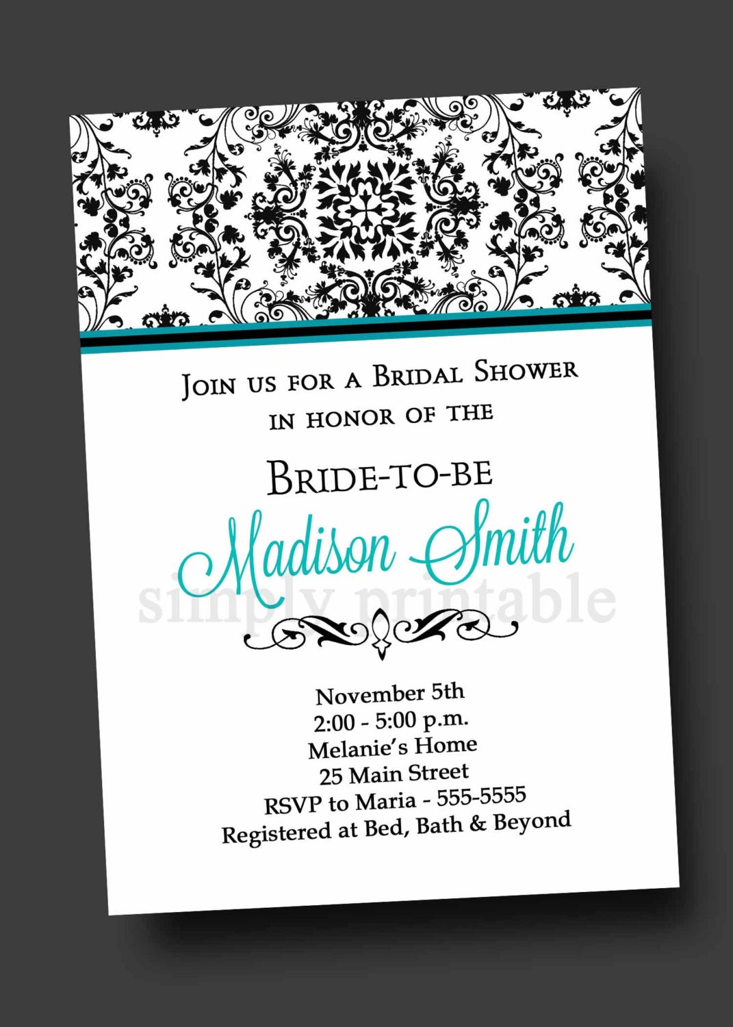 Damask Bridal Shower Invitation Blue (Digital File) Il_570xn