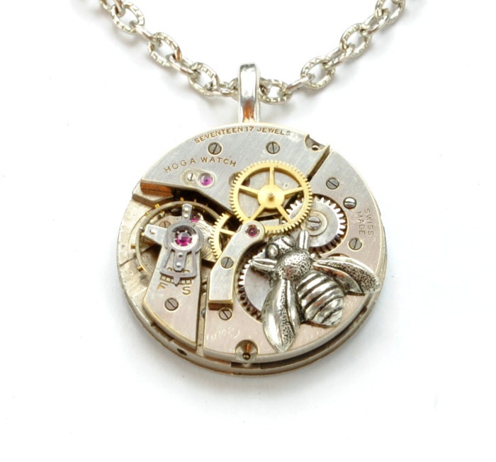 Steampunk Jewelry Steampunk Necklace Vintage Watch Necklace Honey Bee Silver Steam Punk Jewelry By Victorian Curiosities