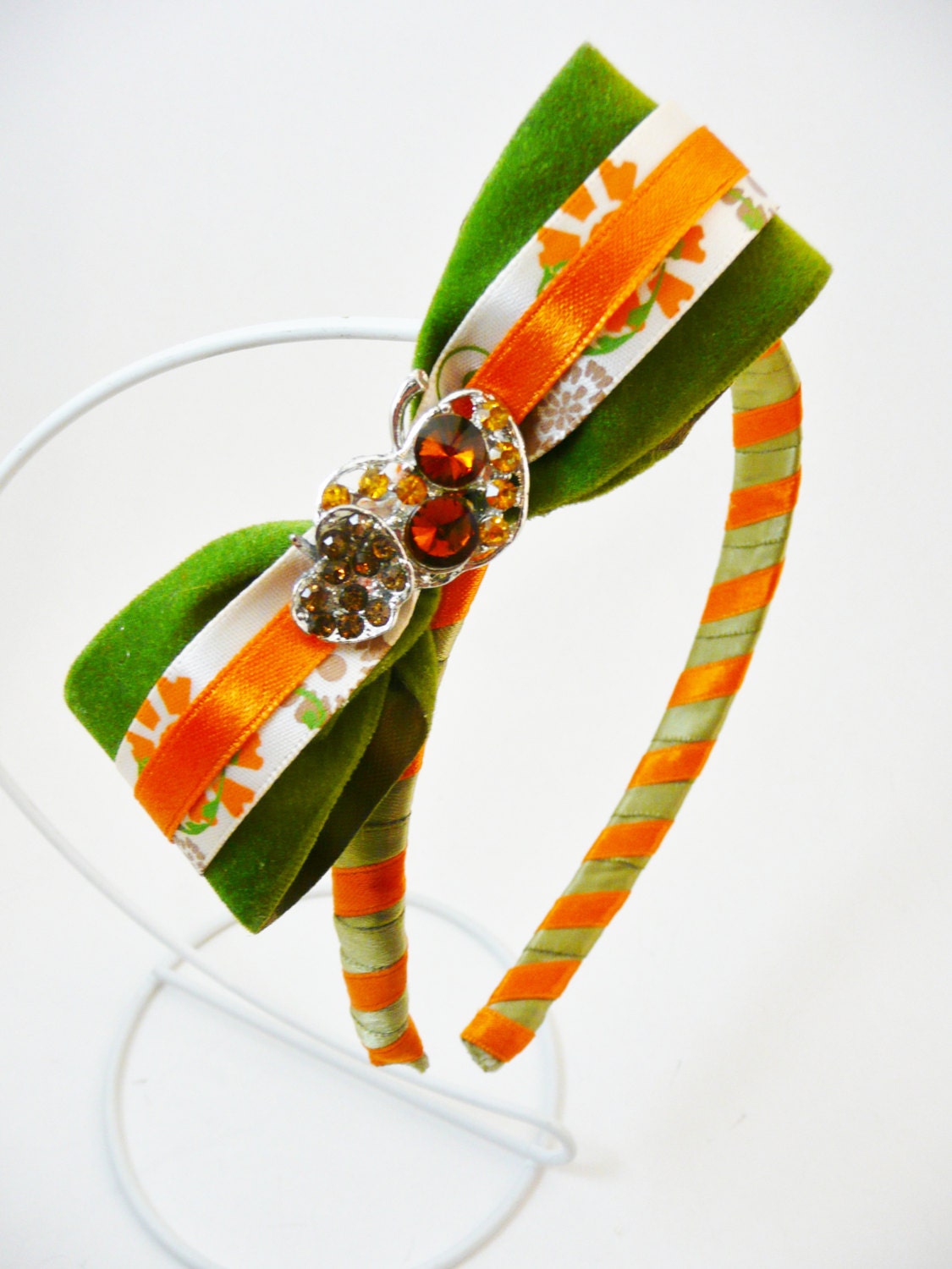 Emerald Green, Bright Orange, Striped Headband with Crystal Pumpkin Brooch on a Triple Layered Hair Bow