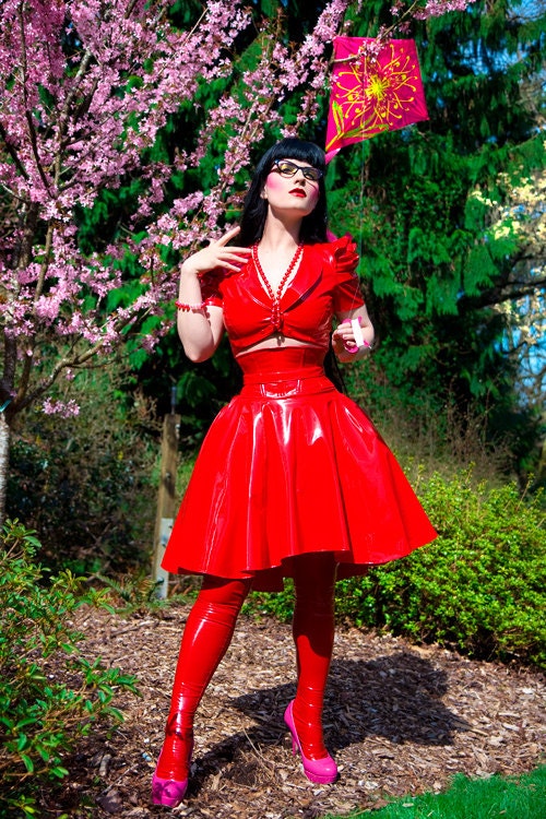 XS/S Red PVC Corset belt w/ black eyelets Artifice Clothing steel boning (photoshoot sample)22" wide