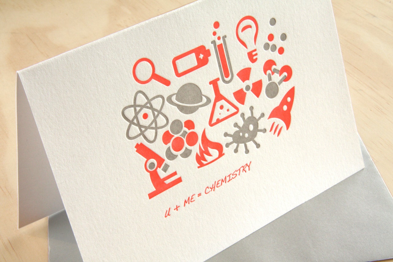 Valentine's day Letterpress card  'U plus me equals chemistry' neon orange and pewter geekery, science icons made in Australia