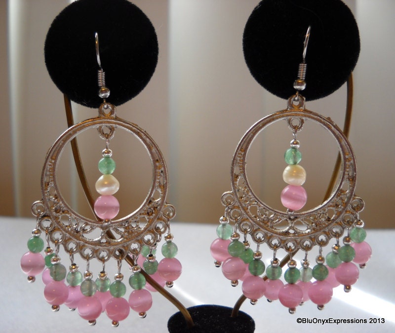 Chandelier Earrings, Pink Cats Eye, Aventurine Semi-precious stones, Spring Celebrations, AKA Sorority Inspired,