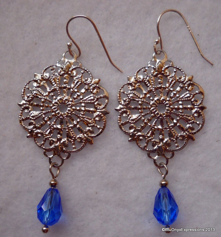 Earrings, Dangle, Blue Swarovski Crystal, Silver Filigree, Spring, Weddings, Brides Maid