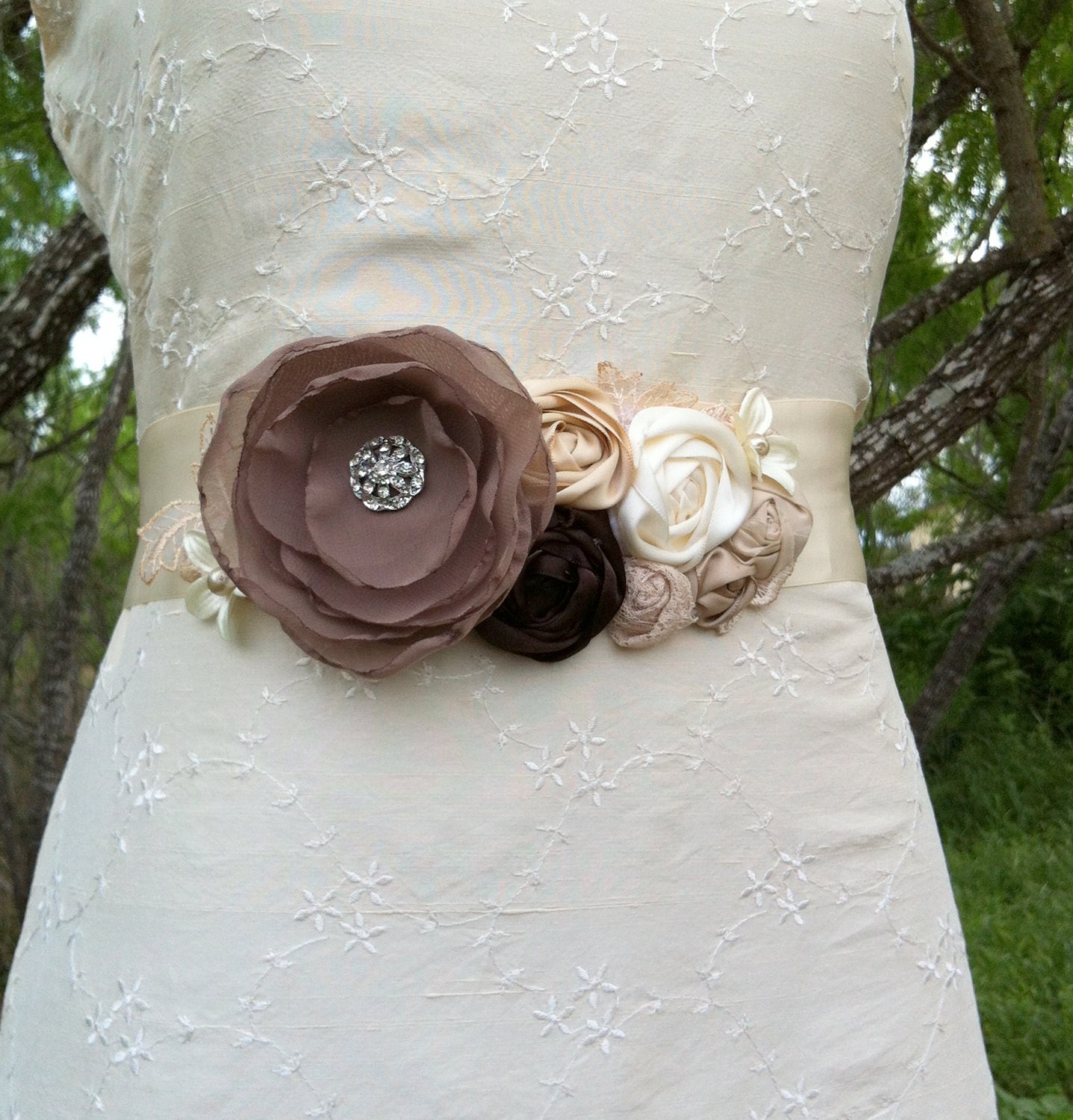 Julie- Bridal Sash Wedding Sash in Taupe, Cream, Beige, Brown and Mocha with Vintage Lace, Pearl and Rhinestones.. sash belt...