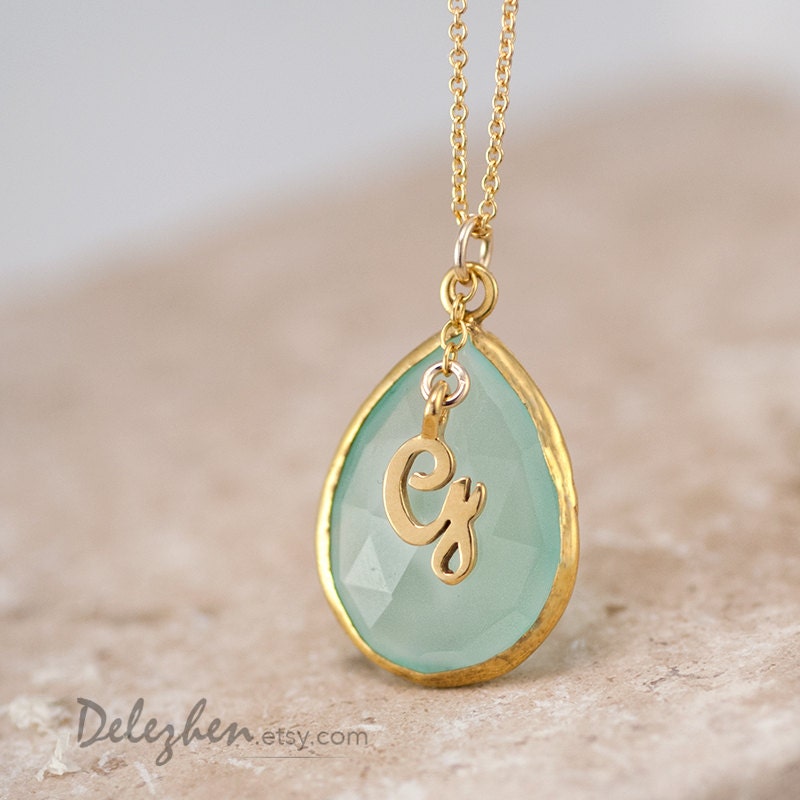 Personalized Necklace - Aqua Blue Chalcedony Necklace - Script Letter - Monogram Necklace - Gold Necklace - Personalized Jewelry